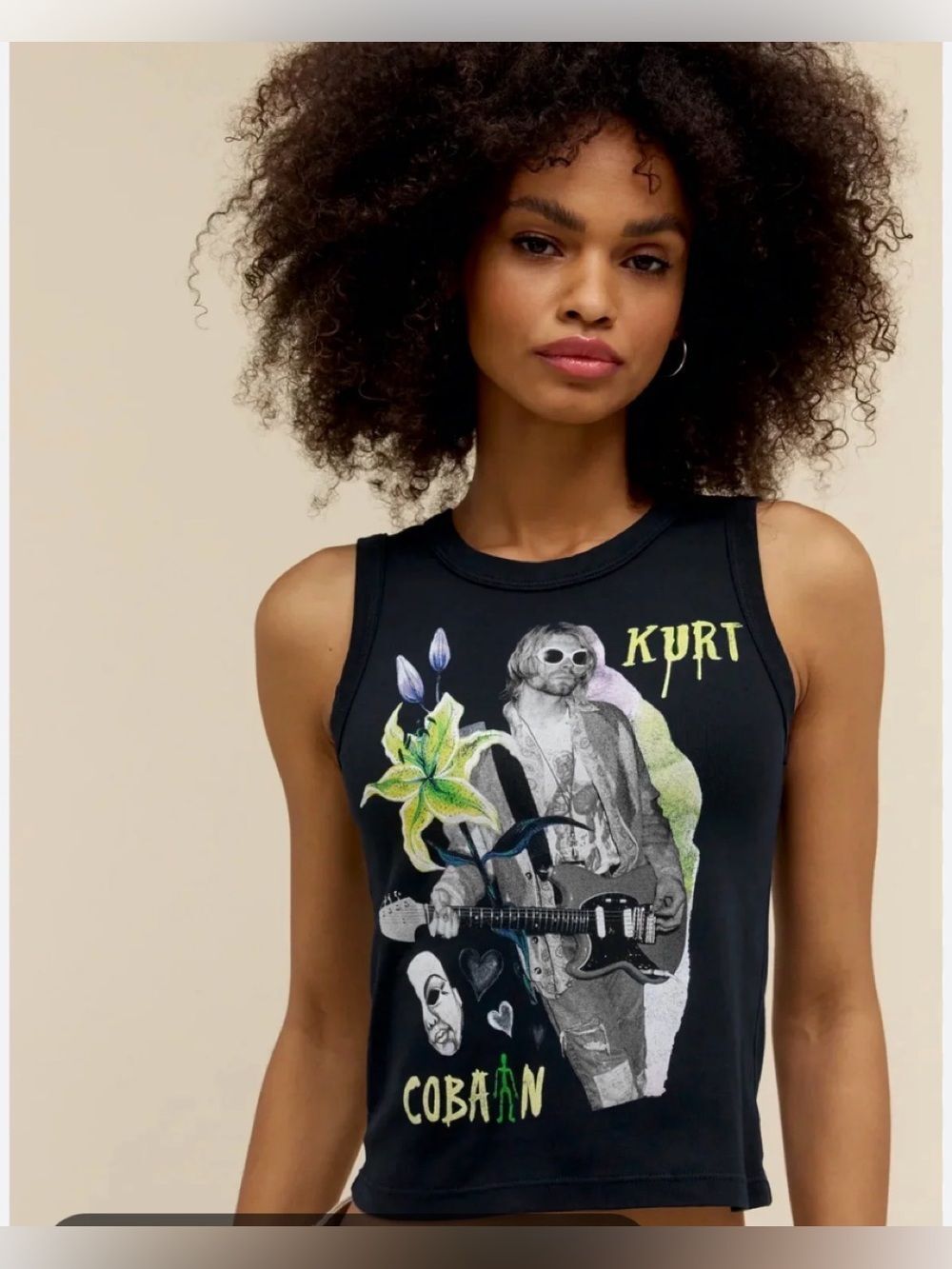 Daydreamer Kurt Cobain Lily Tank 
Black Graphic Sleeveless Crop Top NWT